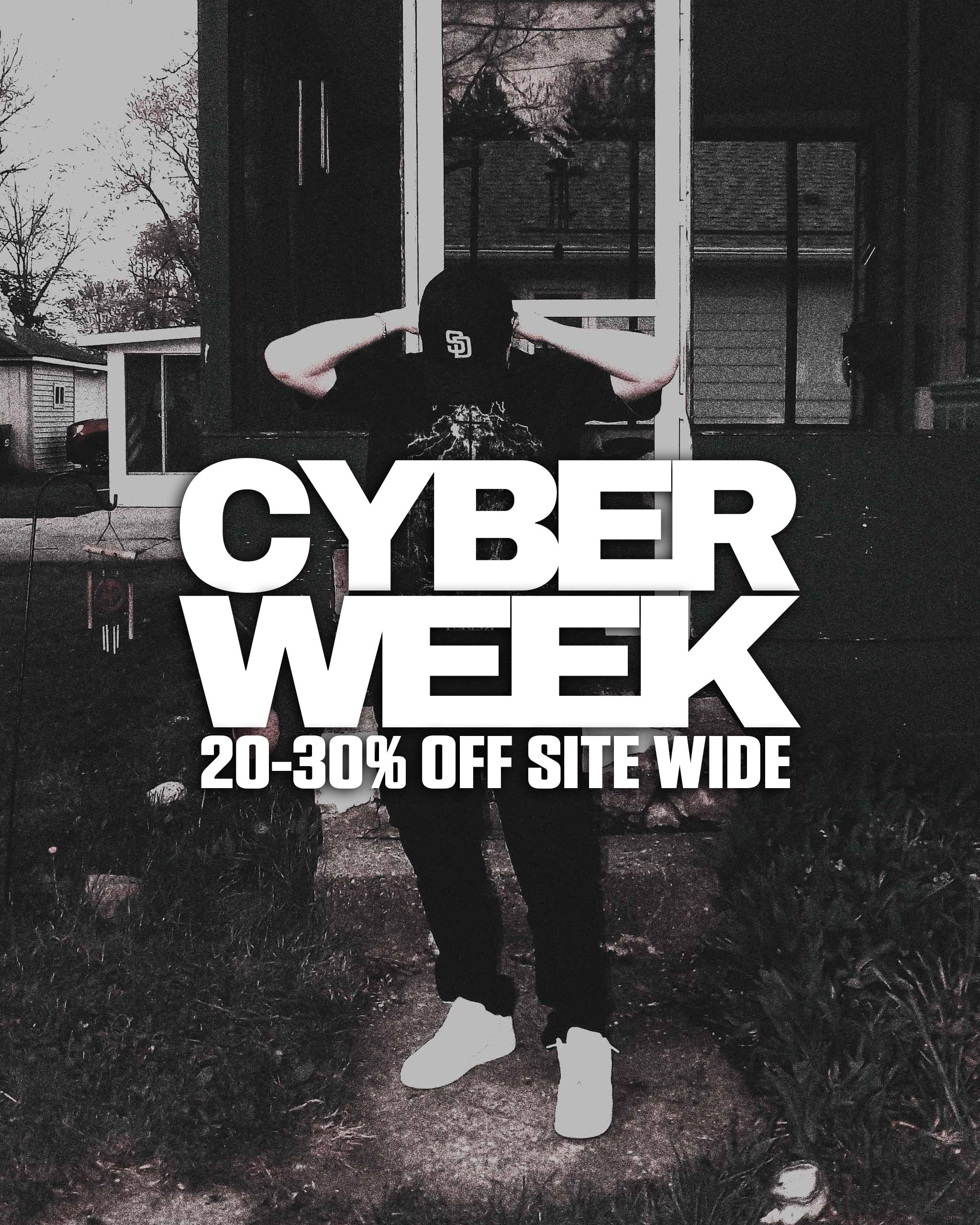 Person standing in front of a house with 'Cyber Week' text overlay
