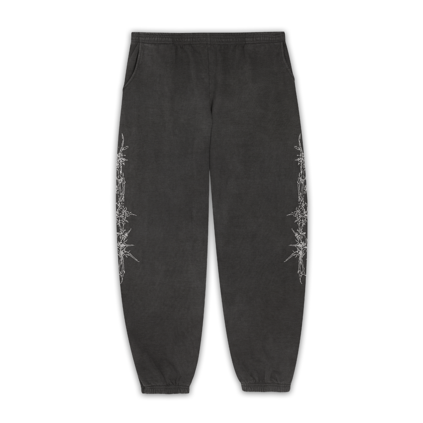 Black sweatpants with white text on a white background