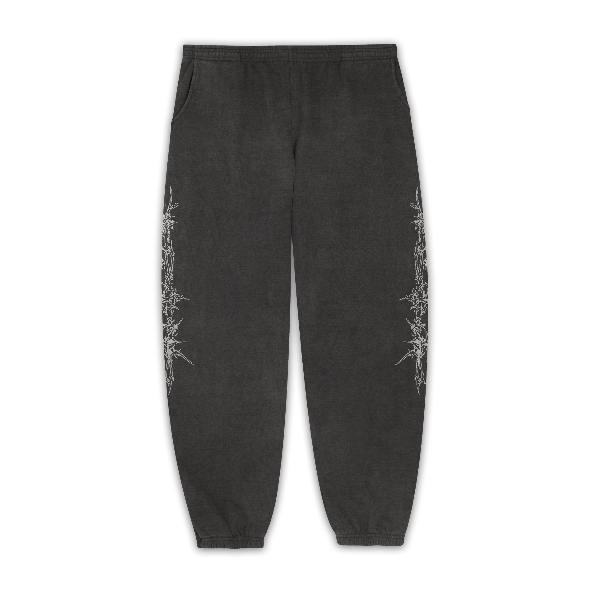 Black sweatpants with white text on a white background